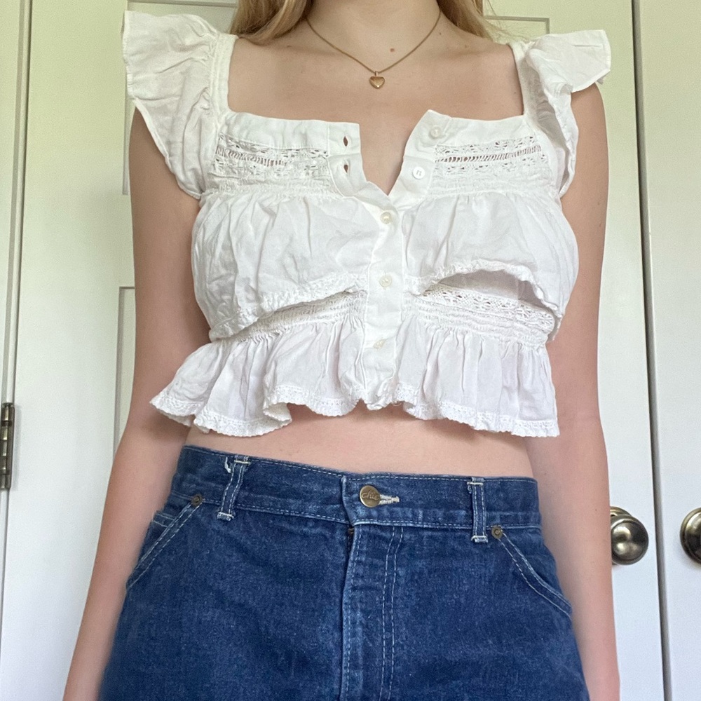 Free People White Flutter Sleeve Smocked Blouse